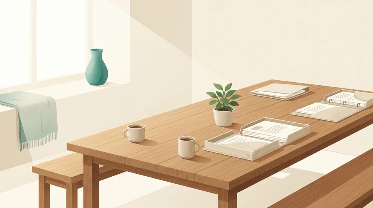Calm workspace illustration of a team sharing one private library of documents
