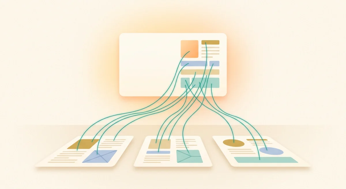 Warm illustration of a large answer card being assembled from three source pages, teal threads pulling only the clearly marked highlighted passages upward into it