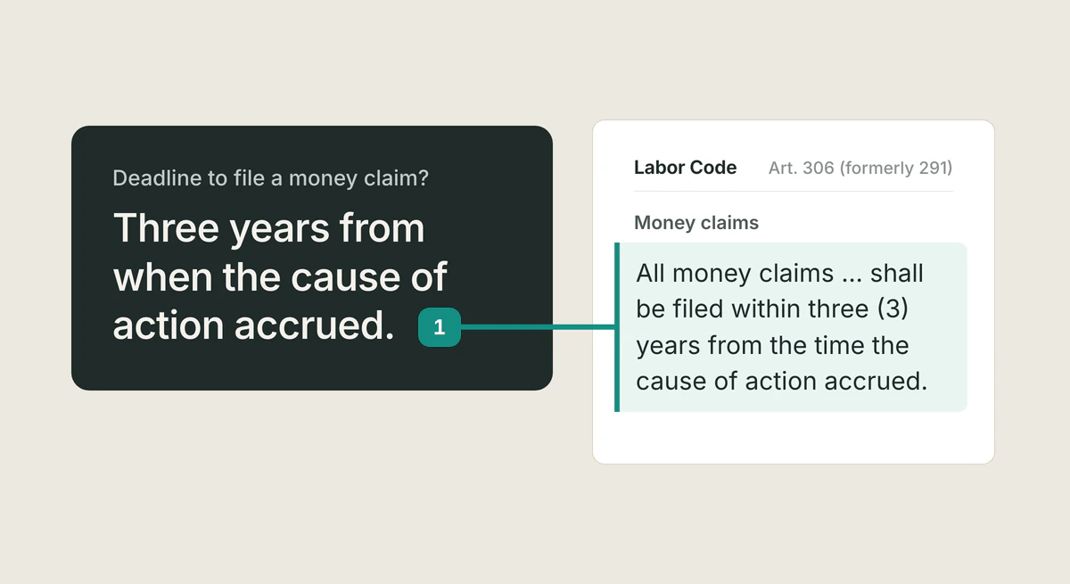 An answer card reading "Three years from when the cause of action accrued.", with its citation linked to the highlighted passage in Labor Code: "All money claims … shall be filed within three (3) years from the time the cause of action accrued."