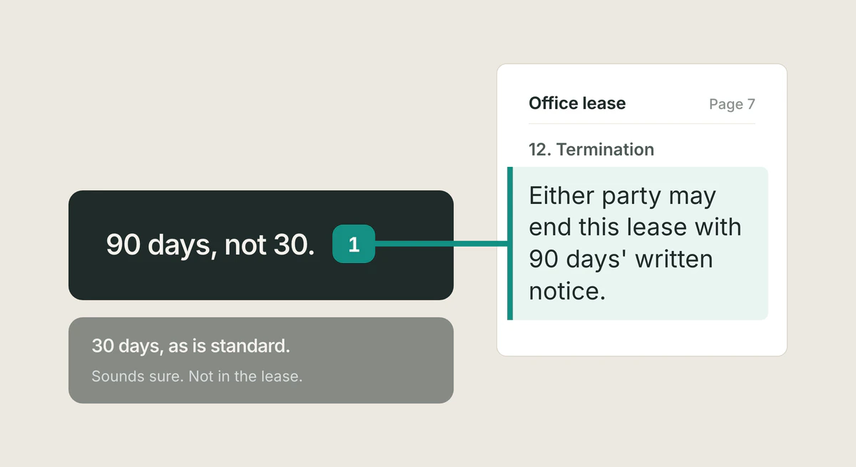 Illustration of a confident but unsupported AI answer next to a cited answer linked to its source passage