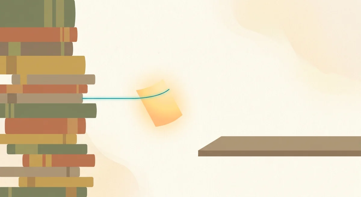 Abstract illustration of a tall column of law-book spines with one teal thread pulling a single highlighted page forward into an open reading view
