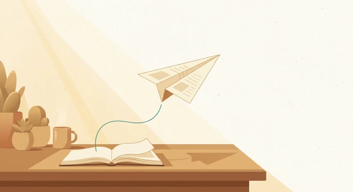 Warm illustration of an office desk at golden hour, a sent paper plane made from a document hovering mid-air with one teal thread still tethering it to an open source page