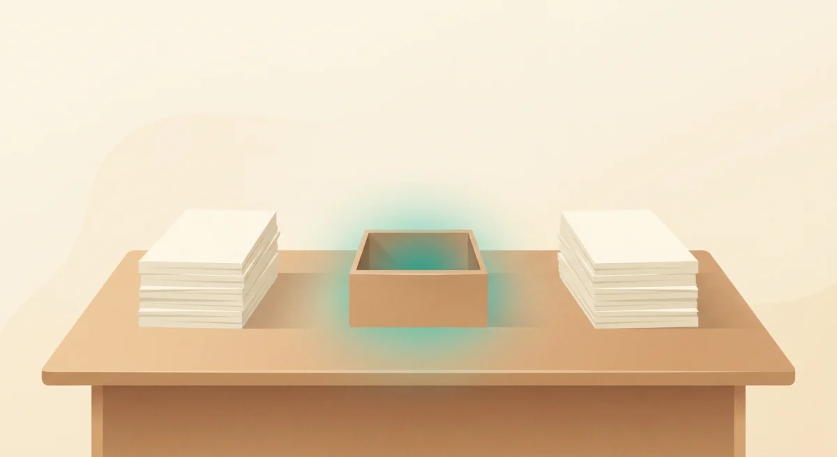 Warm illustration of a calm figure at a tidy desk beside a small honest empty box glowing softly teal, surrounded by orderly stacks of read documents