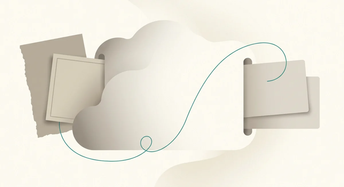Warm illustration of two very different pages, one rough and one refined, passing through a soft machine and emerging as identical clean cards, with a teal thread tracing one back to its true origin