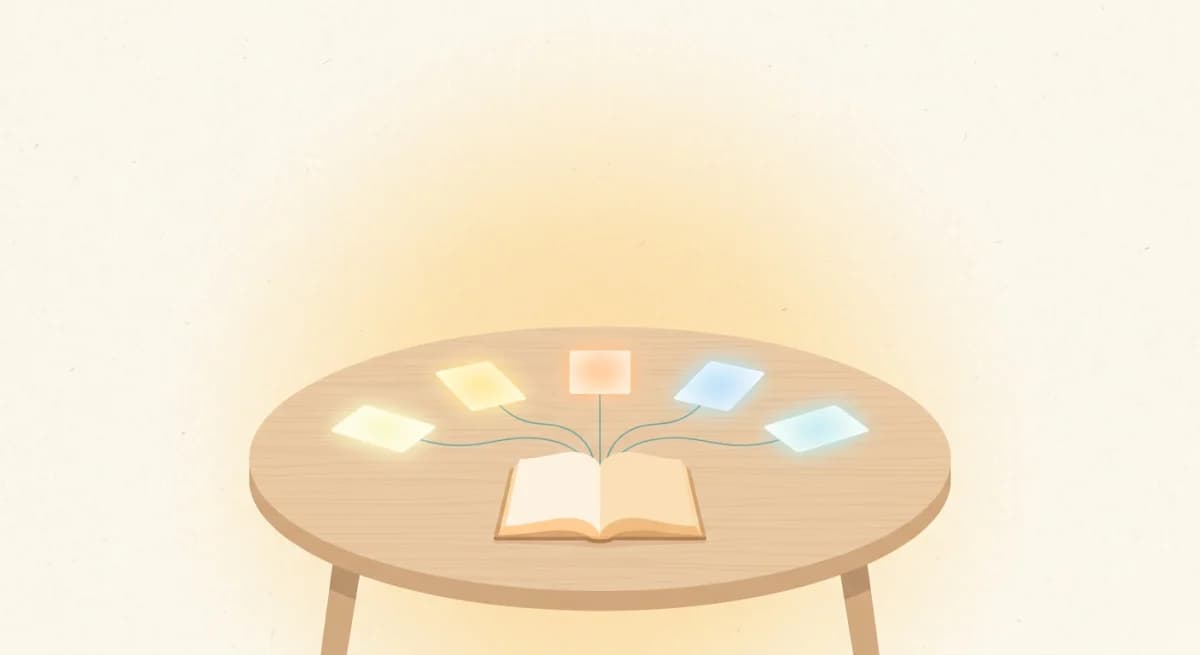 Warm illustration of a small workshop table with five glowing skill cards laid in a row, a teal thread connecting each card to one open book at the center
