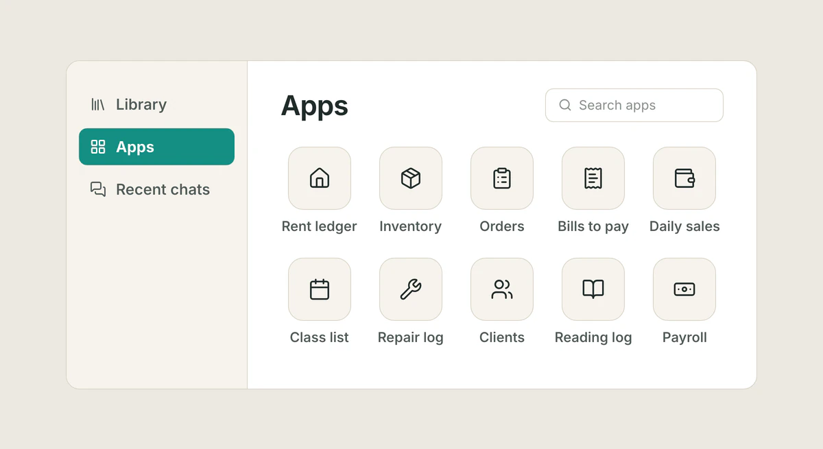 The Apps home screen: Apps is selected in the sidebar, and the screen shows a grid of app tiles: Rent ledger, Inventory, Orders, Bills to pay, Daily sales, Class list, Repair log, Clients, Reading log, Payroll.