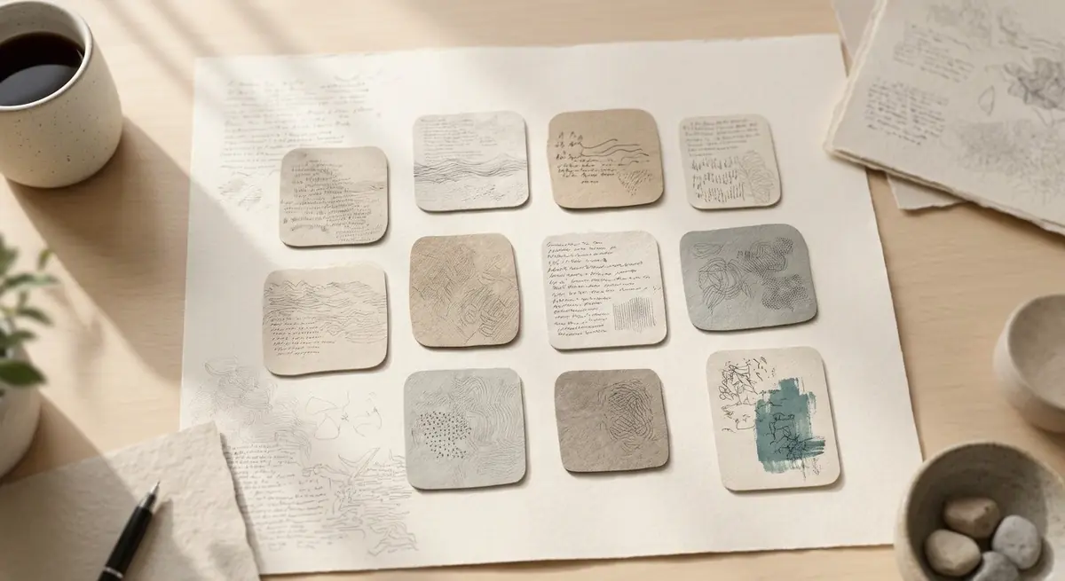 Warm off-white paper on a pale desk, with a grid of soft rounded tiles covered in dense marks that cannot be read, and one small teal accent in a corner
