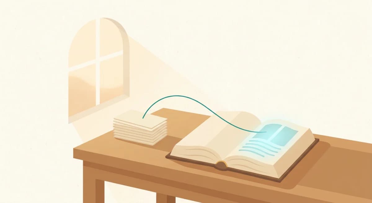 Warm illustration of a study desk at dawn with neat flashcards, an open codal book, and a teal thread linking one flashcard to a highlighted provision