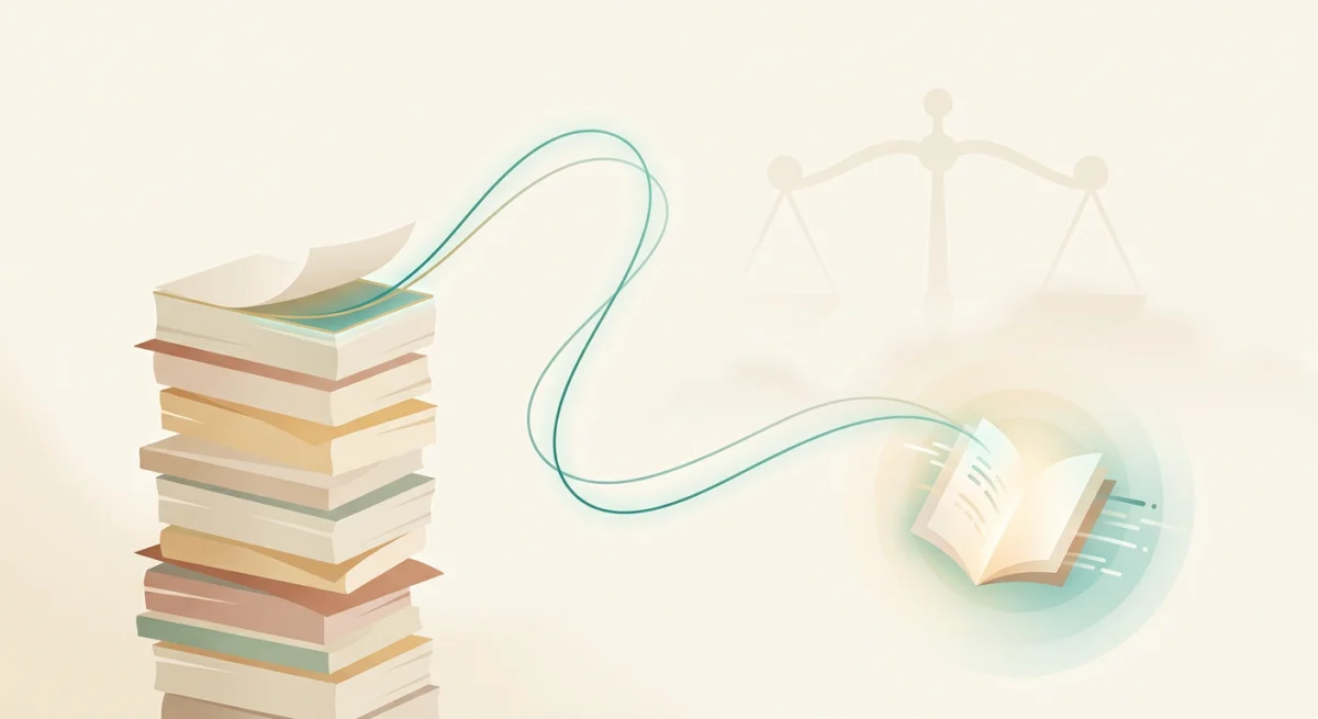 Abstract illustration of a gavel-weighted stack of papers where one teal thread connects a highlighted line of text to its original source page