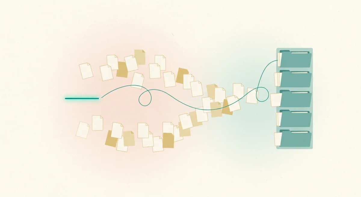 Abstract illustration of many small document pages flowing into one organized shelf, with a teal thread linking a question mark to a highlighted passage