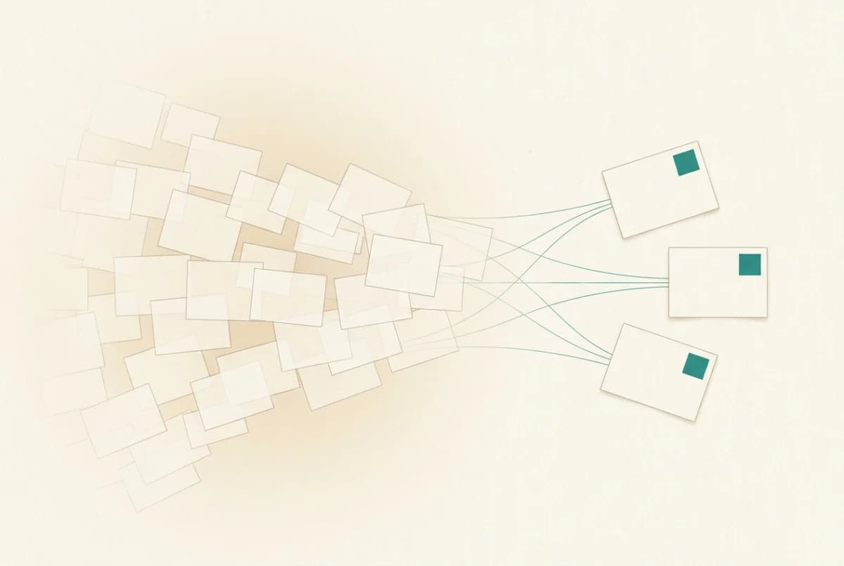 Calm illustration of a wide field of loose pages narrowing into a few clearly marked sources