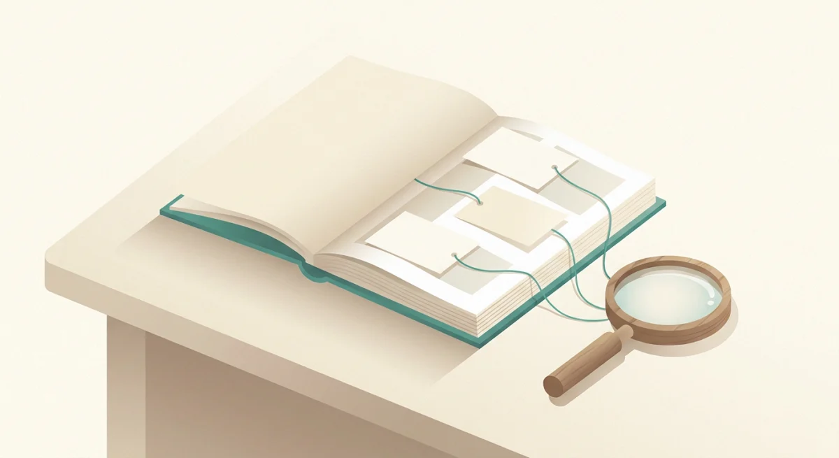 Warm illustration of a thick bound report on a desk beside a small magnifier and three cards pulled out of it, teal threads linking each card to an open source page