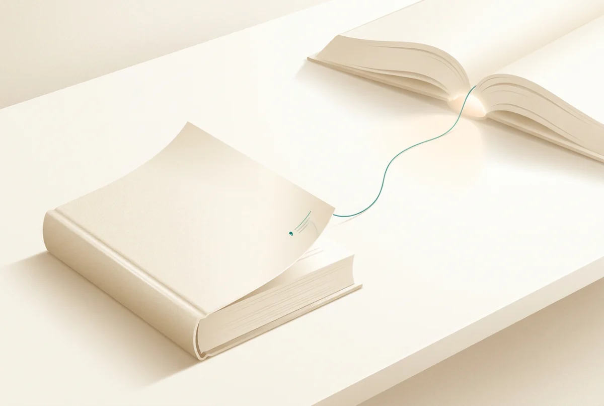 机の上の分厚く磨かれた報告書から1ページが浮き上がり、脚注から伸びるティール色の糸が開かれた参考文献の本へ向かうと、出典があるはずの場所に空白が現れる温かなイラスト