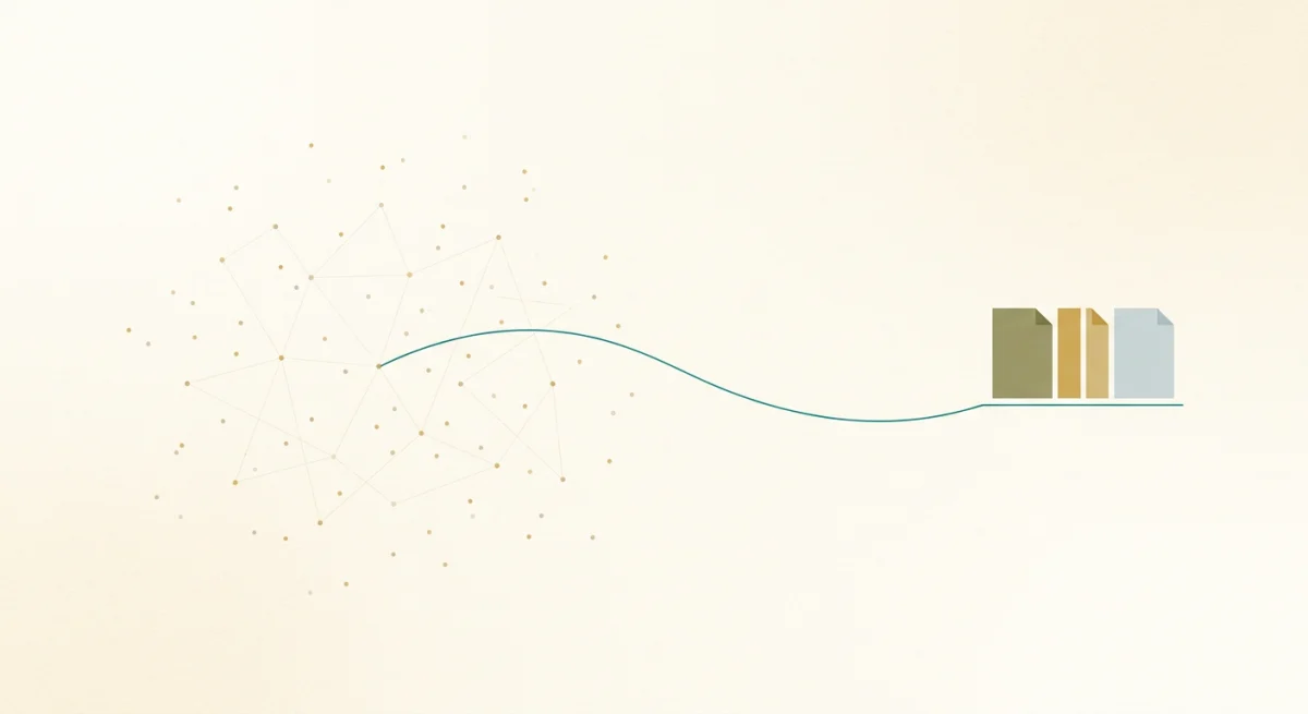 Abstract illustration of a wide open web of faint nodes on one side and a compact private shelf of documents on the other, joined by a single teal thread