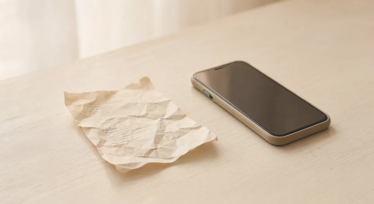 A phone held over a crumpled receipt on a wooden table, a question typed in plain words