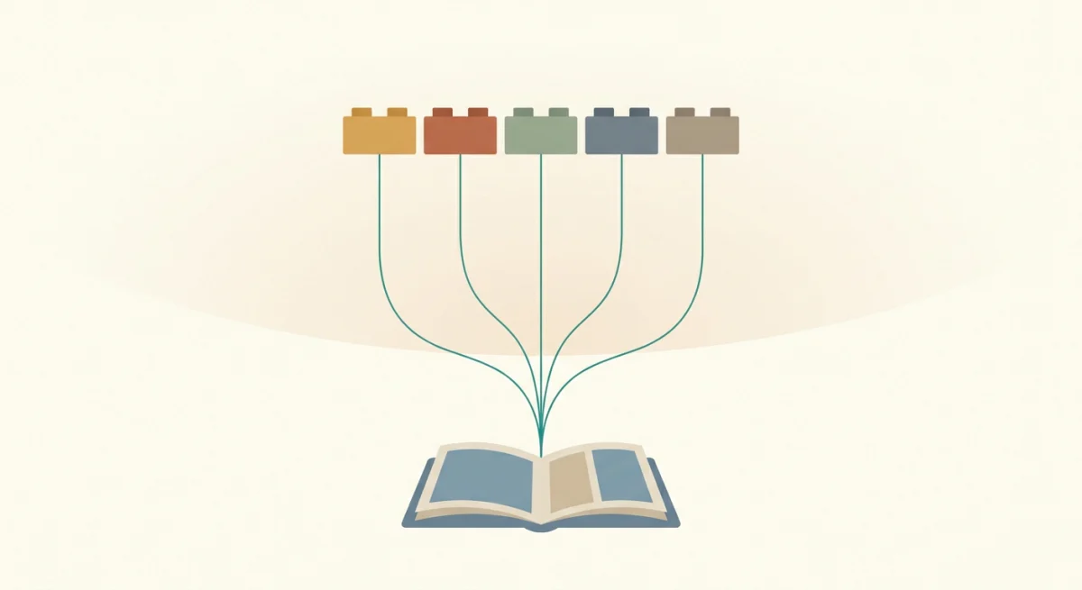 Warm illustration of a question written as a tidy row of labeled building blocks, a teal thread running from each block down into an open source document