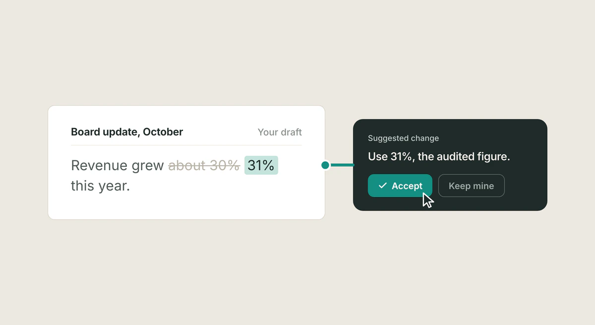 Warm illustration of a document with three small suggestion cards hovering beside it, one being gently placed into the page by a human hand, teal accents