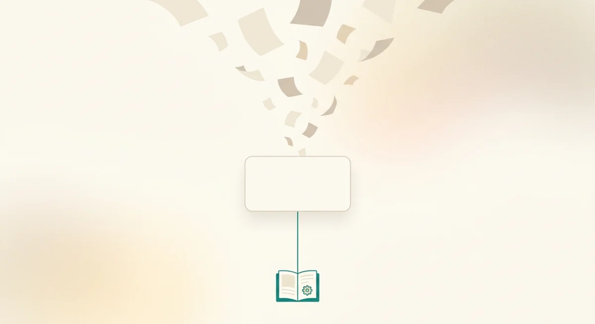 Abstract illustration of a funnel of scattered fragments narrowing into a clean answer card, with one teal thread anchoring the card to a source page below