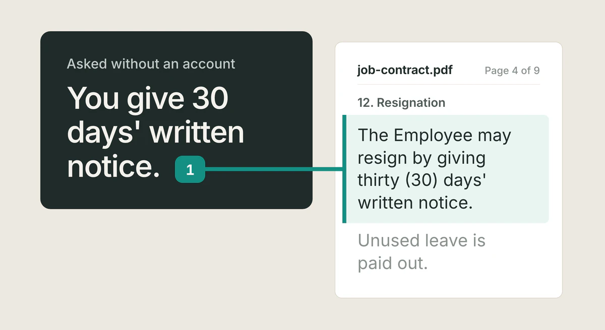 An answer card reading "You give 30 days' written notice.", with its citation linked to the highlighted passage in job-contract.pdf: "The Employee may resign by giving thirty (30) days' written notice."