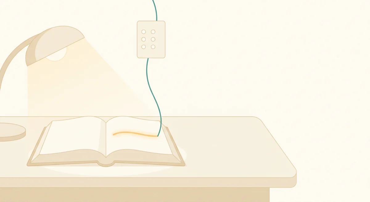 Warm illustration of a desk with a law book open under soft light, a teal thread linking one highlighted line to a small checklist card with six round marks