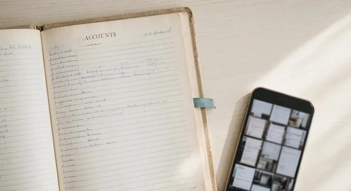 カウンターの上で開かれた手書きの売上帳面と、領収書の写真が並ぶスマートフォン