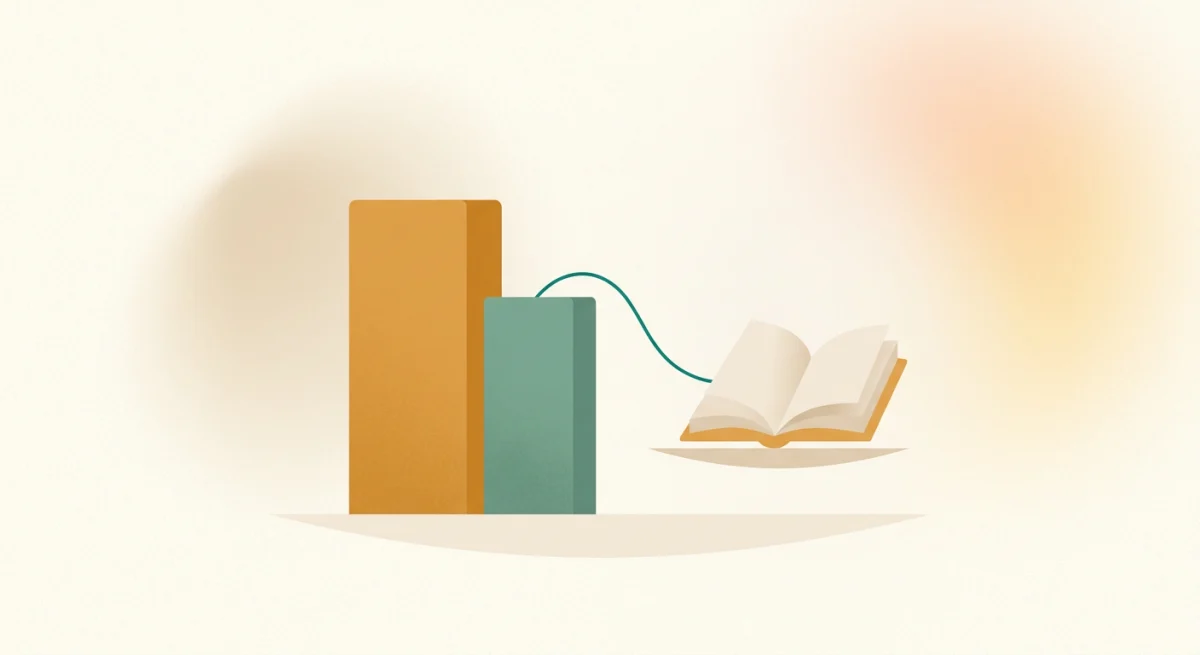 Warm illustration of a scoreboard with a confident tall bar overshadowing a small honest one, while a teal thread lifts the small bar toward an open source book